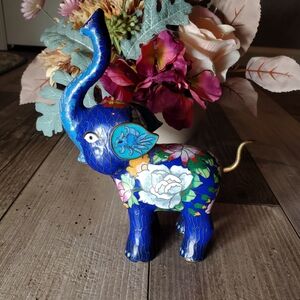 Vintage Miniature Asian Cloisonné Enamel Elephant Figurine Blue Floral Gold